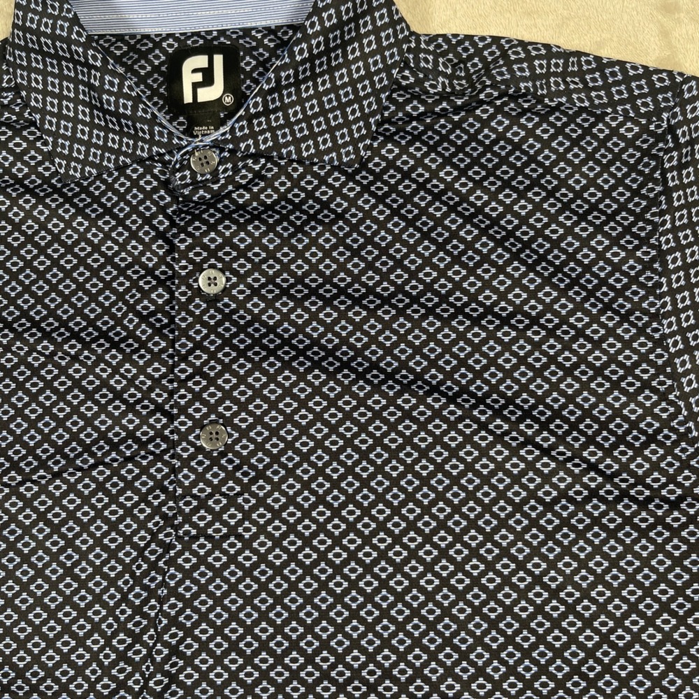 FootJoy Golf Polo Mens M Black Navy Blue Geometric Print Stretch Performance - Picture 3 of 8